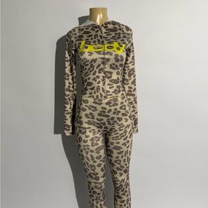 Beige Leopard Print Zip-Up Jumpsuit with Neon Logo